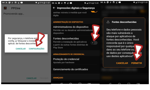 Tela de permissão para instalar de fontes desconhecidas no Android